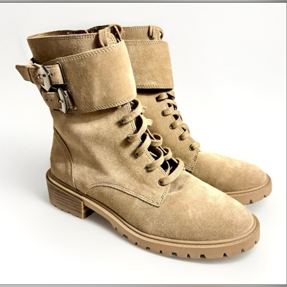 Vince Camuto Fawdry Tan Suede Combat Boots Women’s Moto Lug Sole Fall Biker